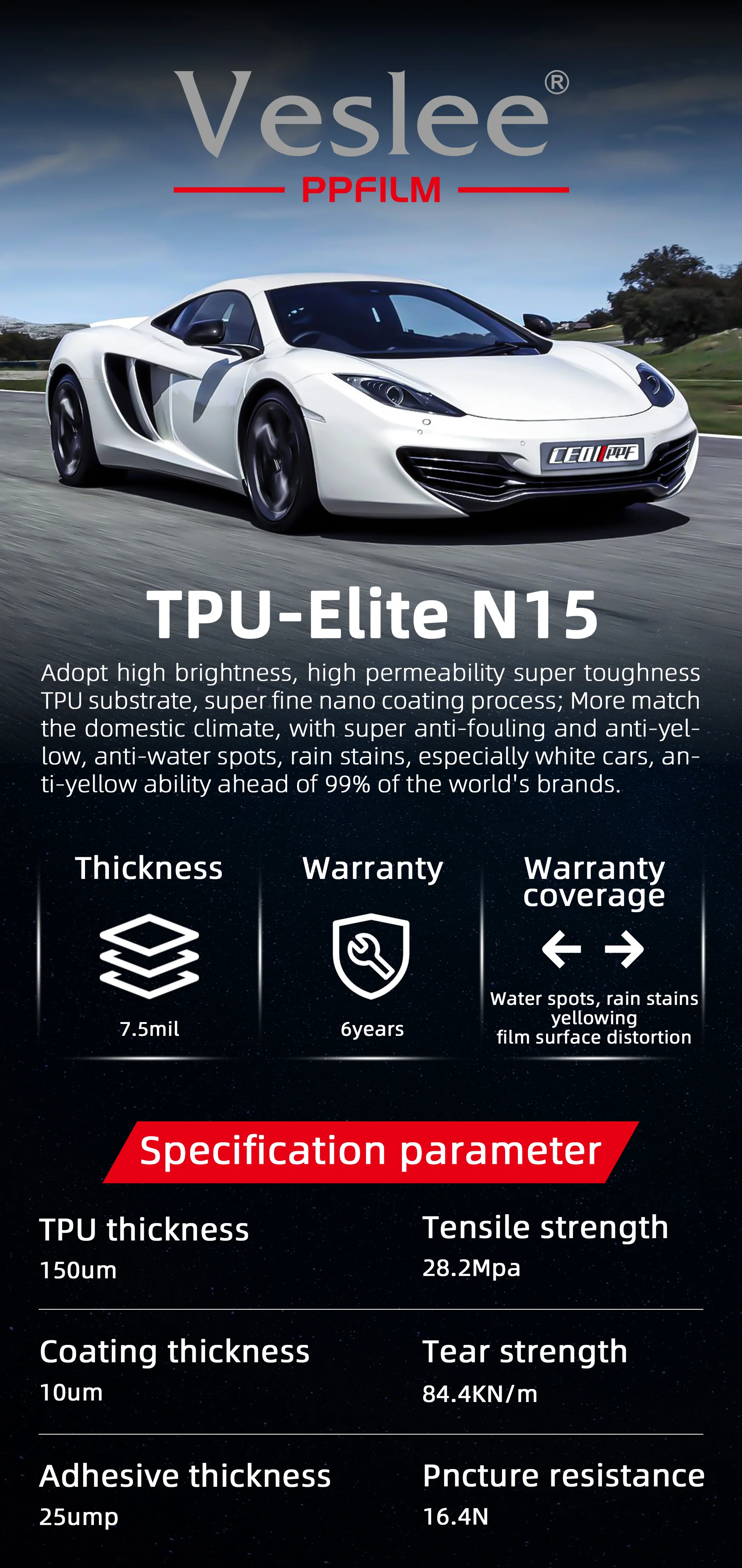 7.5mil Hydrophilic Coating Luxury Design TPU Car Paint Protection PPF Film with 1.52*15M Size