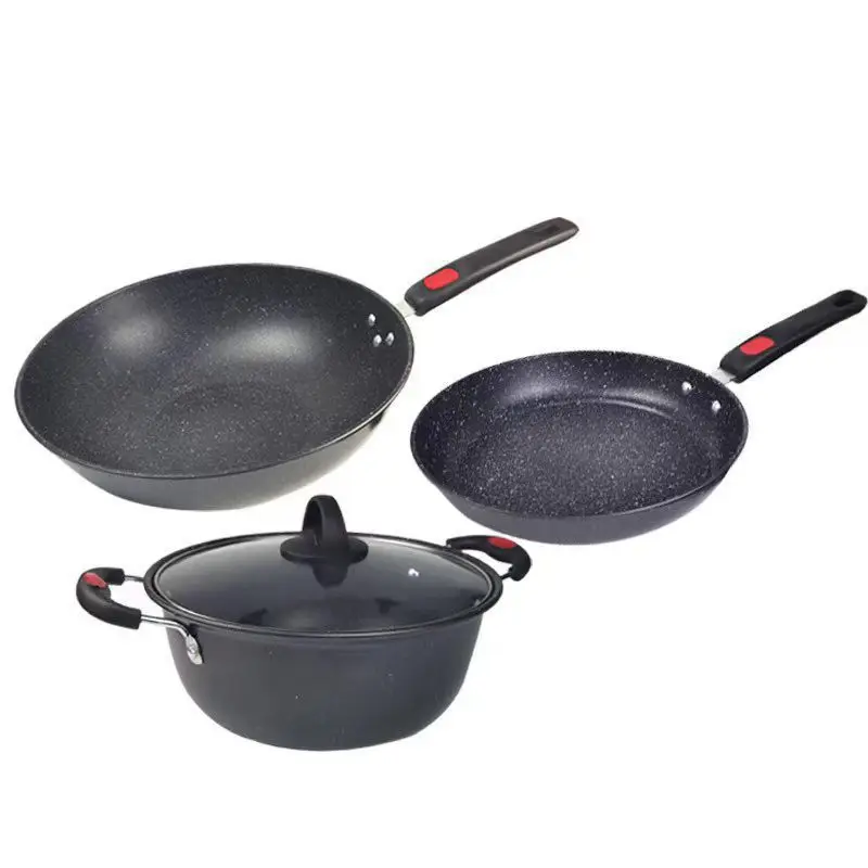 Hot Sale 3-Piece Cookware Set Kitchen Medical stone Non-stick Pan Woks Frying Pans Set