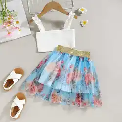 2023 Summer Bohemian Style Flower Print Baby Clothing Sets Suspender Top Gauze Skirt Two-piece Girls Clothing Outfits