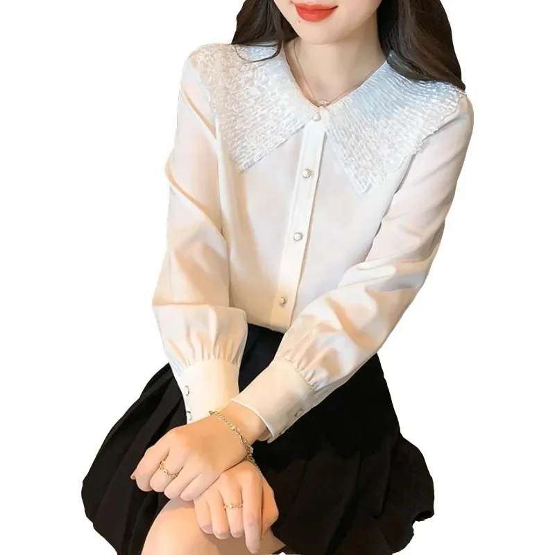 2024 New Socialite Temperament Chiffon Shirts Long Sleeve Women's Blouses Ruffles Shirts Ladies Sweet Tops Clothes