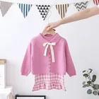 Kids Girls Plaid 2pcs Knitted Suit Winter Baby Sweater Dresses Designs For Kids Girls
