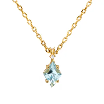 Sleek Geometric S925 Silver 14K Gold Plated Necklace with Blue Topaz Diamond Pendant