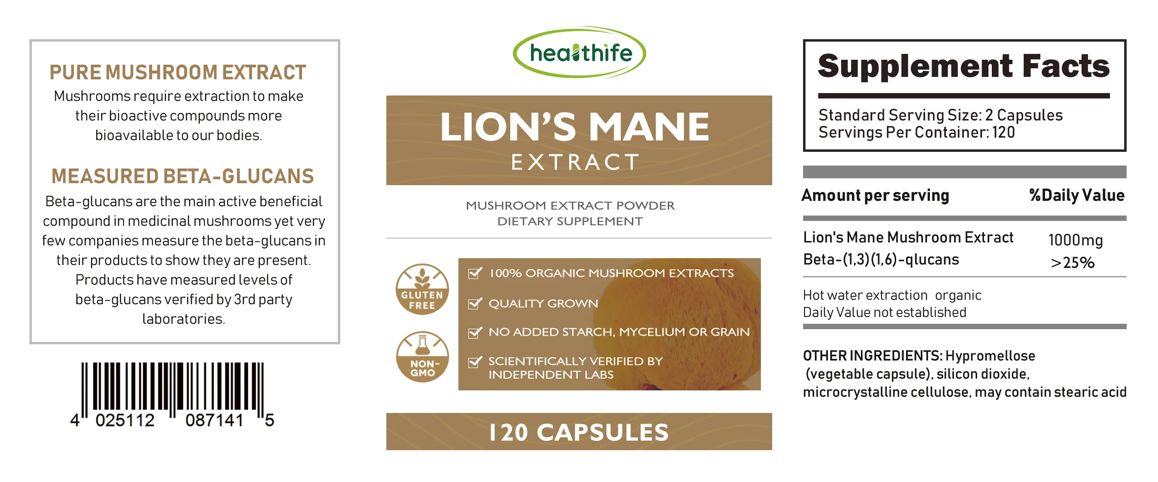 Healthife Organic Lions Mane Mushroom Polysaccharides Beta Glucan Lions