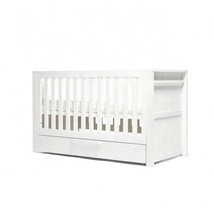 22NVCB079 Wooden New Born Baby Crib Bed Bedroom Furniture Set  Push Storage Drawer Matte White Playpen Cribs