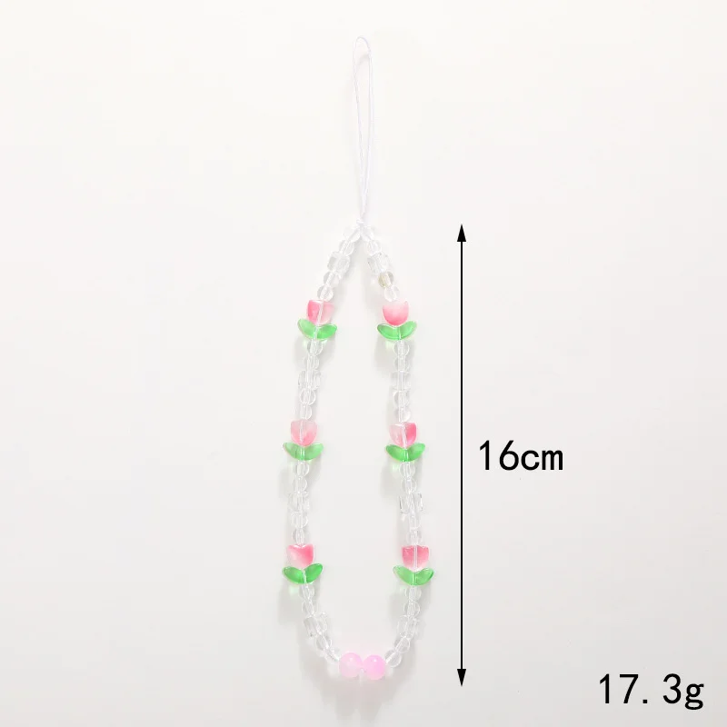 Wholesale Handmade Mobile Phone Chain Sweet Girl Pink Tulip Flower Beaded Mobile Phone Charm Chain For Women