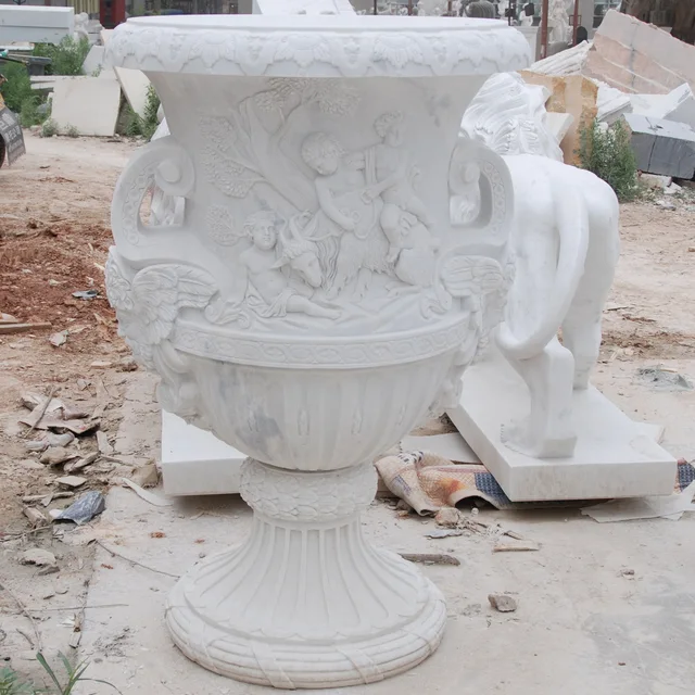 Outdoor Garden White Hand Carved Marble Planter Pot for Sale
