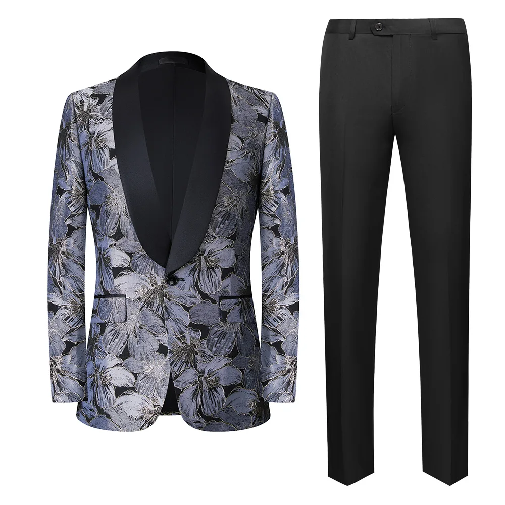 Custom Korean Version Casual Slim Fit Blazers Polyester Jacket Men Floral Jackets Suit Set