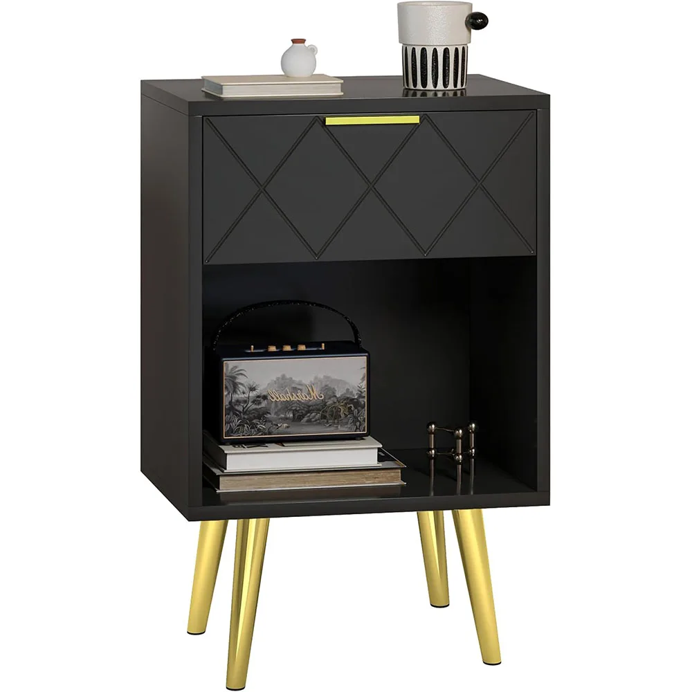 Modern Style Black Nightstand with Open Wood Shelf and Gold Legs Bedside Table Storage Dresser for Living Room Bedroom supplier