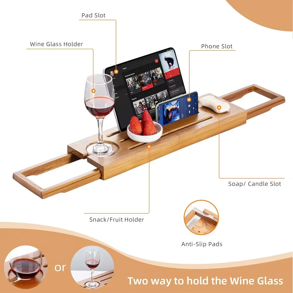 product expandable teak bathtub caddy tray with wine glass holder tablet phone stand soap dish foldable bathroom organizer-8