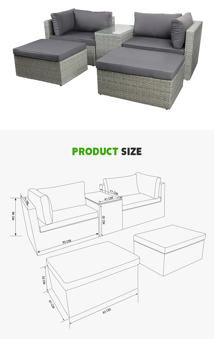 热卖庭院花园家具4座或5座藤条户外沙发套装黑色防水派对座椅