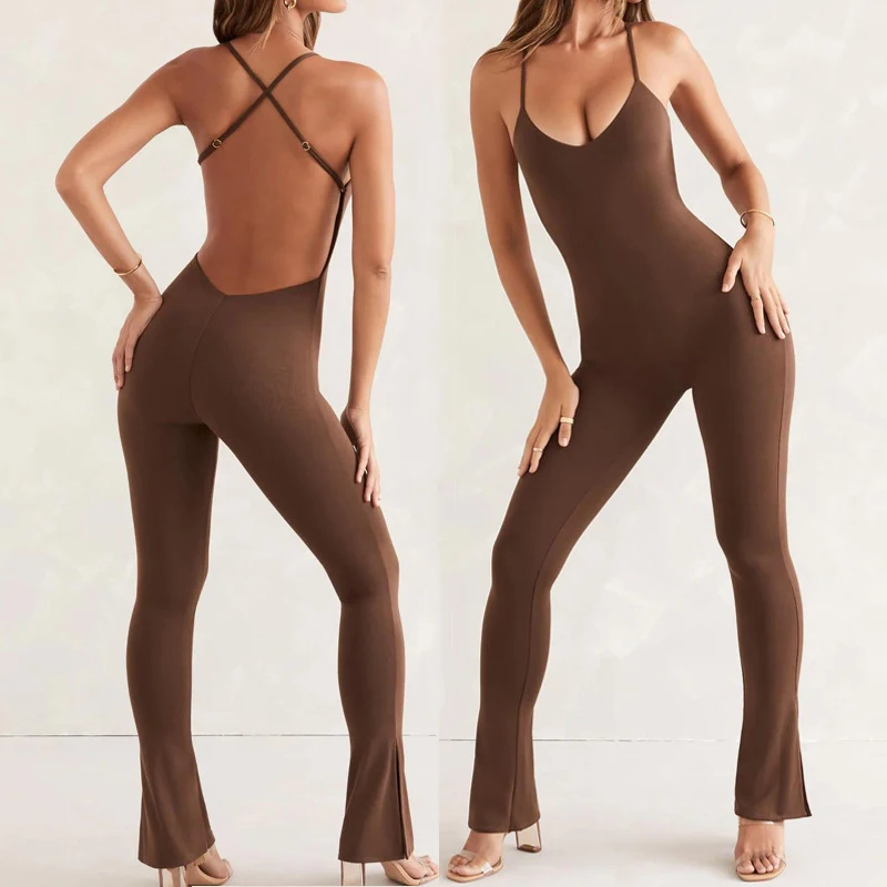 Dance Sexy Back One Piece Sports Set Flare Pants Fitness Yoga Jumpsuits