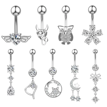 10Pcs/Set Geometric Dangle Belly Rings Jewelry Stainless Steel Bar Water Drops Owl Women Sexy Navel Ring Charm Body Piercing