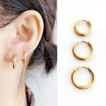 Gold Black Fat Smooth Circle Ear Ring Earrings Helix Hoop Piercing Stainless Steel Small Chunky Hoop Earrings for Women