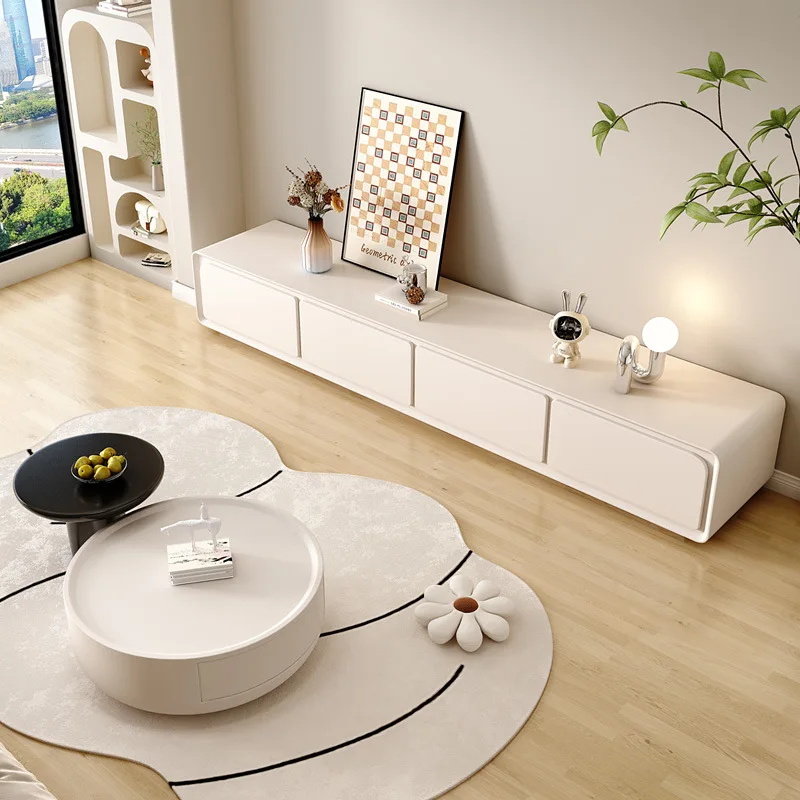 TV Cabinet Coffee Table Combination Modern Simple Cream Style Living Room Home Rounded Corner Storage Floor Cabinet