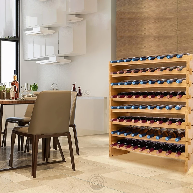 8-Tier Large Floor Freestanding Stackable Solid Wood Wine Glass Holder Display Shelves Bamboo Wooden Wine Rack for Bottle