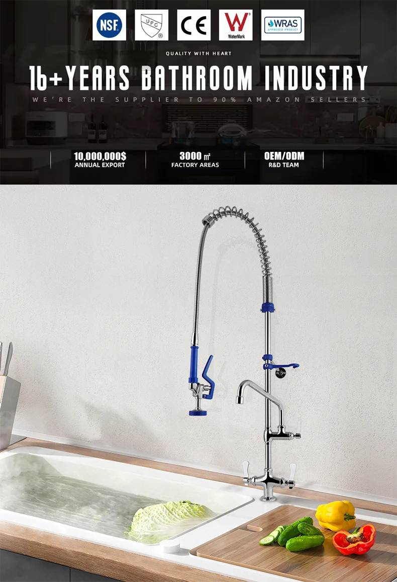High Quality Commercial Kitchen Faucet Sprayer European 1403Gram Brass 304 Stainless Steel Wall Mounted Pre Rinse Flexibility details