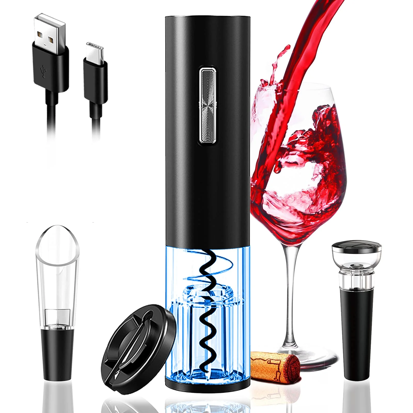 Portable Wine Screw Stainless Steel Automatic Corkscrew Opener Operated 2 way with Rechargeable Cordless or 4AA Battery Electric Wine Opener with Foil Cutter Grey 
