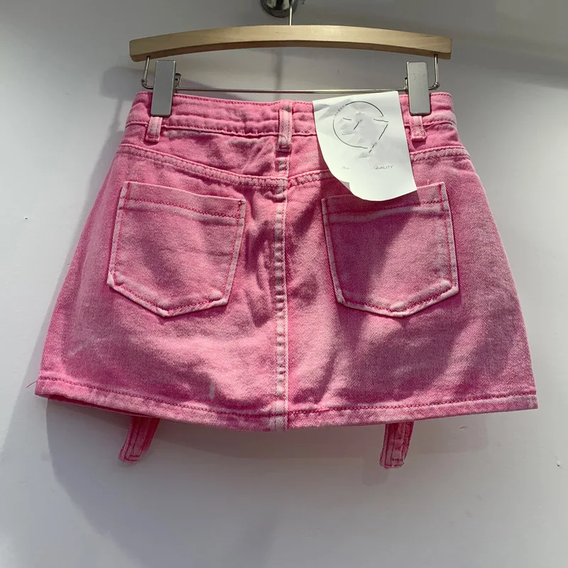 2024 Summer Women Big Pocket Vintage Short Jean Skirt Women's A-line Mini Skirt Streetwear Pocket Cargo Denim Skirt details
