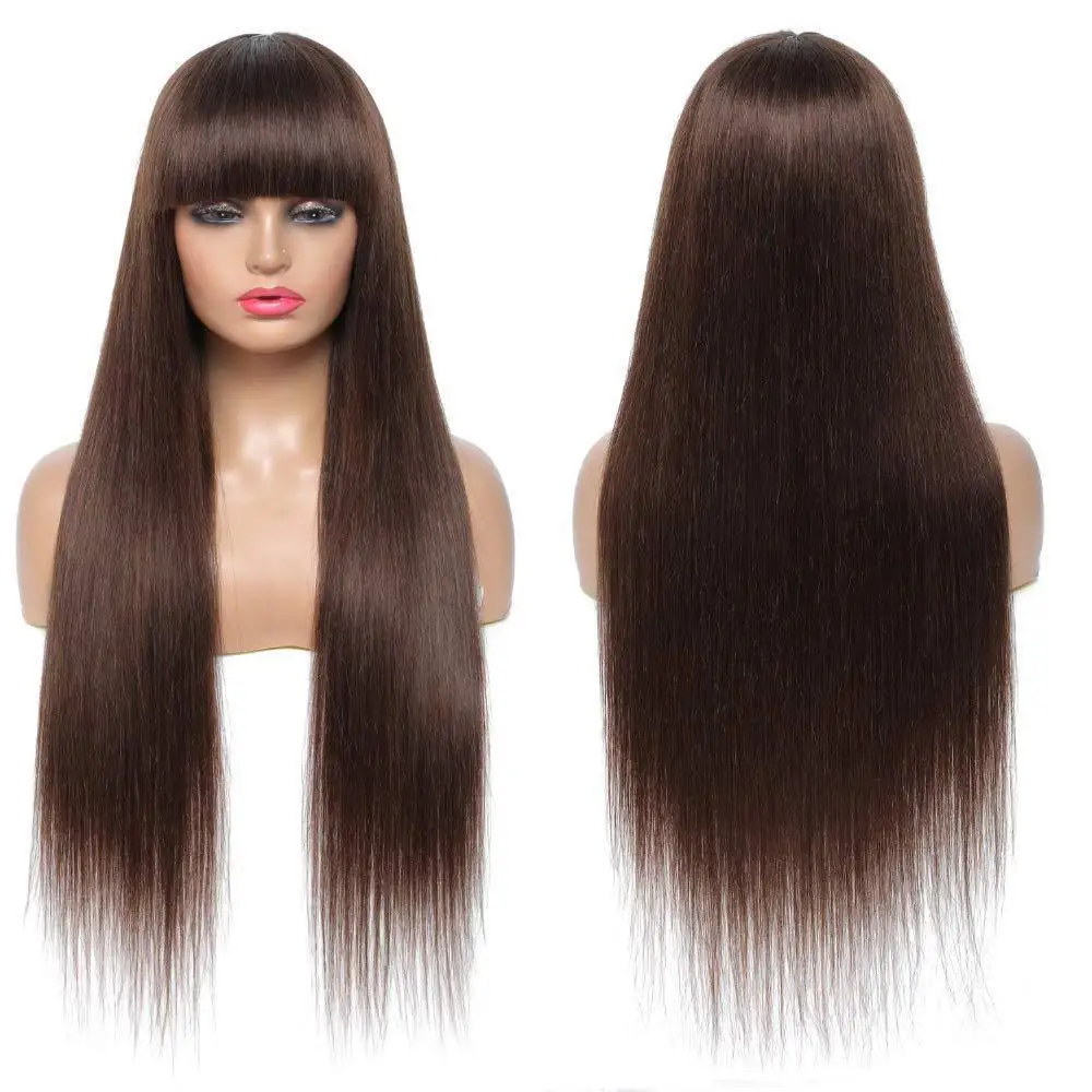 European And American Brown Qi Bangs Long Straight Hair Chemical Fiber High  Temperature Silk Wig Provides Hair Cover Wholesale - Buy Wigs,Nature  Realistic Smooth To The Touch High Temperature Filament Hand-knitted,Any  Skin