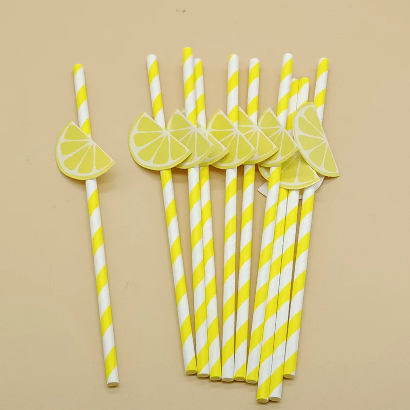 Yellow Lemon Card Disposable Paper Straws For Birthday Party Decoration