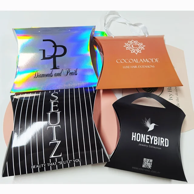Personalized Pillow Box Packaging With Handle Black Packaging Box With Logo Printed for Hair Extensions With Paper Bag manufacture
