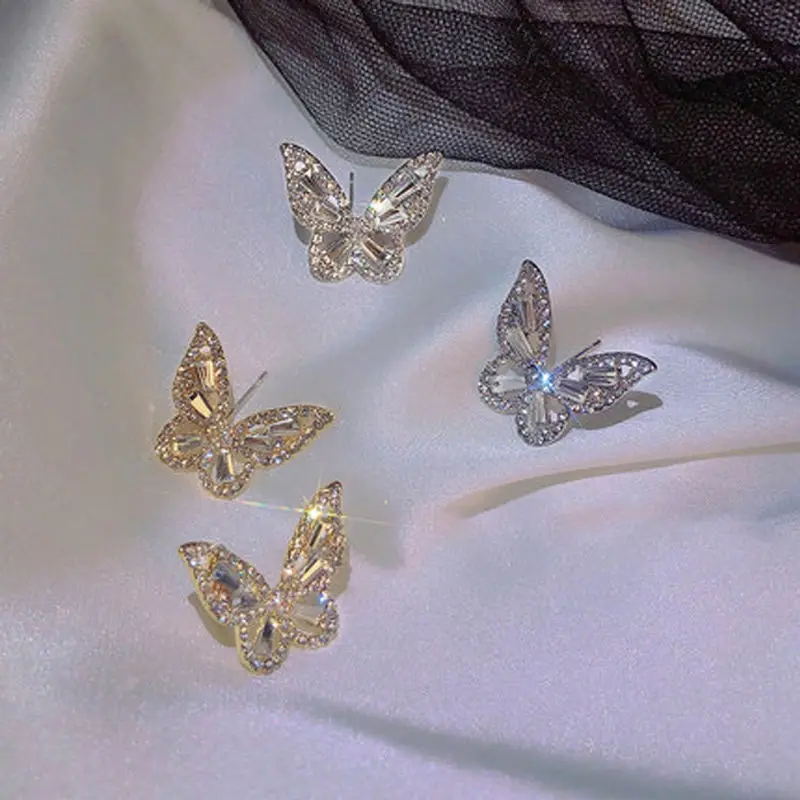 Small Rhinestone Butterfly Stud Earrings Small Crystal Butterfly Earrings Stud Earrings Sterling Silver 925 Butterfly Earrings