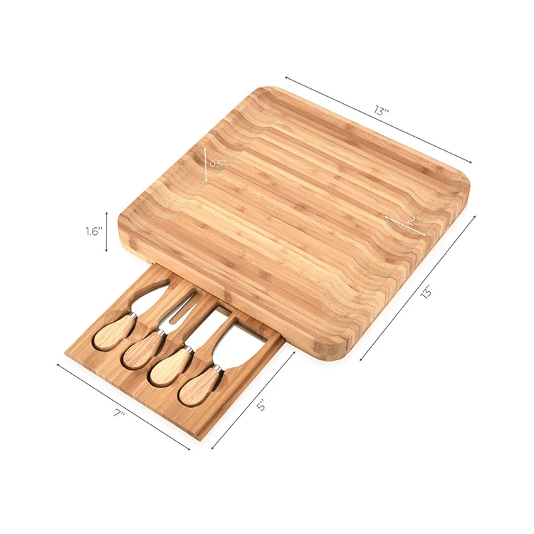 Bamboo Cheese Board Set Magnetic Slide-Out Drawers Charcuterie Plate Set With Ceramic Bowls And Cutlery Knife