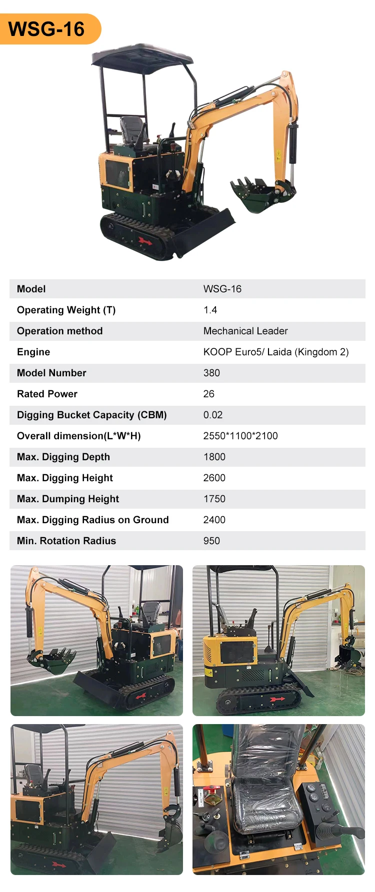 wsg CE EPA China mini Hydraulic excavators small mini excavator 1ton 2 ton cheap price for agricultural excavator