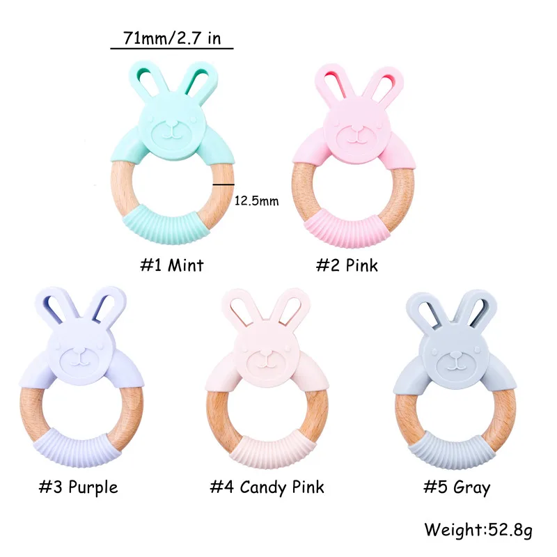 Animal Silicone Teether Wooden Rabbit Ring 1PC Teething Toys Gift Food Grade BPA Free Silicone Baby Teether Set