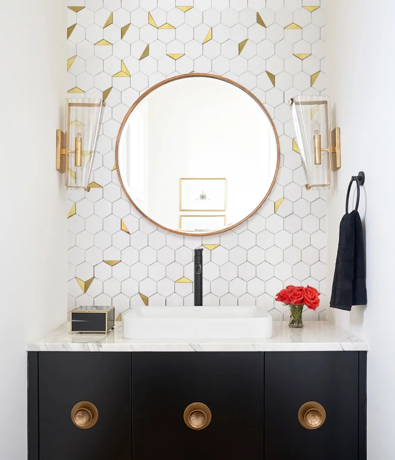 luxury hexagon mosaic bathroom tile kitchen backsplash thassos white stone gold metal copper brass waterjet marble mosaic tile