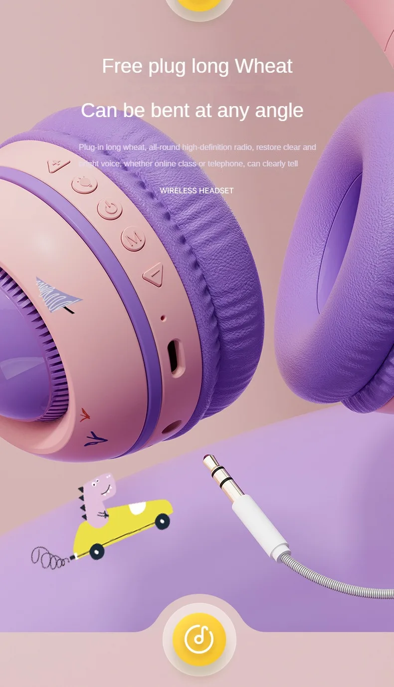 Cross-border Headset Bluetooth Headset Wireless Cute Luminous Dinosaur Children's Headset Music Girl Headset with Microphone