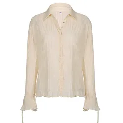 White Folds Cute Y2K Shirts Women Elegant Fashion Flared Sleeve Button Tops See Through Sexy Mesh Girl Tops