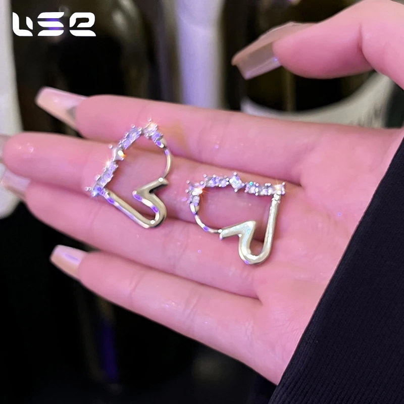 New Korean fashion niche personalized copper zircon hollow out heart earrings jewelry for women