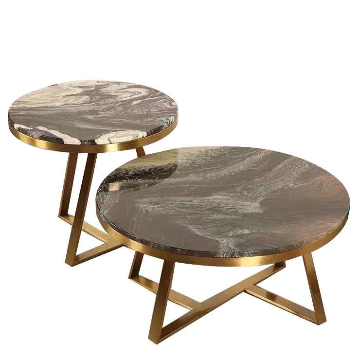 Luxury design marble surface shining golden base furniture office round coffee table