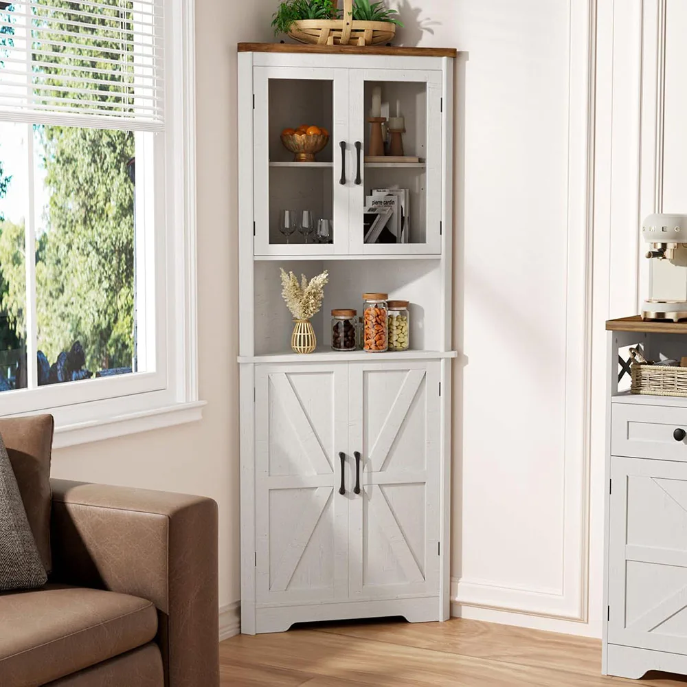 67''H Tall Corner Cabinet with 4 Tempered Glass Doors Farmhouse Storage Cabinet 5 Adjustable Shelves Home Pantry Hutch Kitchen supplier