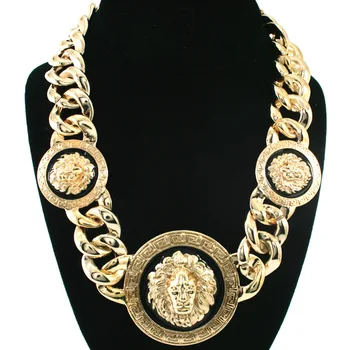 Celebrity Style Big Lion Head Pendants with Chunky Link Chain Necklace Gold Tone with Black Enamel