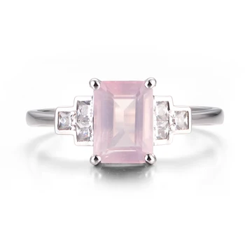925 Sterling Silver CZ Rose Quartz Engagement Ring Emerald Cut Rose Quartz Rings