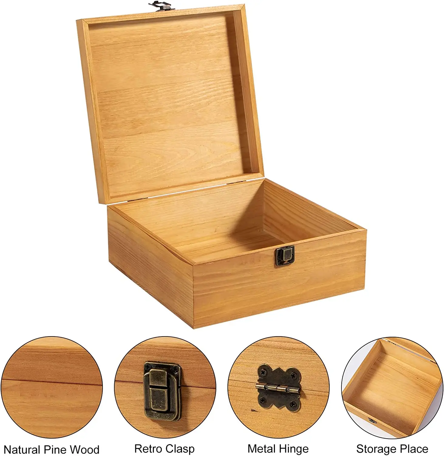 Square wooden storage crates pine wood souvenir box with durable hinged lid and lock memory box DIY painted wooden storage box