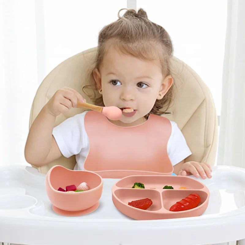 Custom Toddler Silicon Food Feeding Tableware Kids Dinnerware Babies Suction Baby Bowls Spoon Children Silicone Plates Set