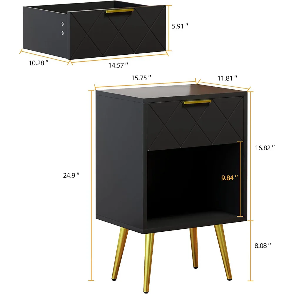 Modern Style Black Nightstand with Open Wood Shelf and Gold Legs Bedside Table Storage Dresser for Living Room Bedroom supplier