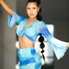 Blue Beachwear Deep V Neck Printed Blue Tie-Dyed Crop Tops Mesh Sets Ruched Skirts Drawstring 2 Piece Set