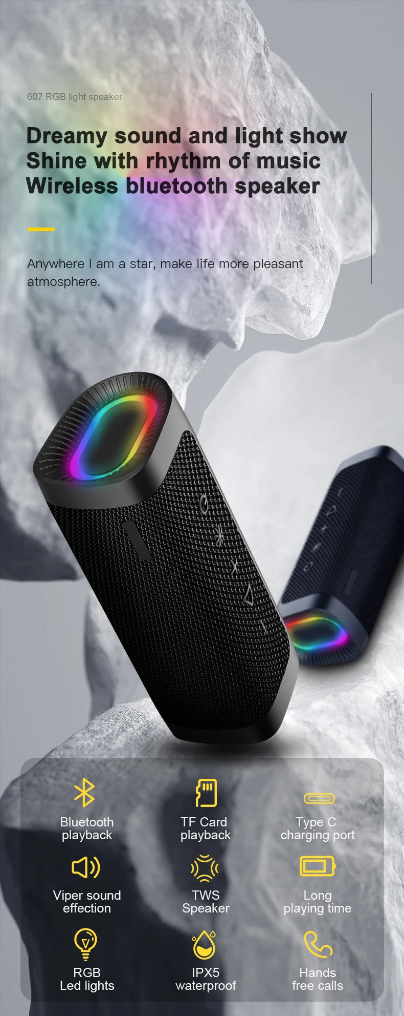 Factory customized Portable Wireless Bluetooth Speaker super bass sports outdoor RGB wireless speaker