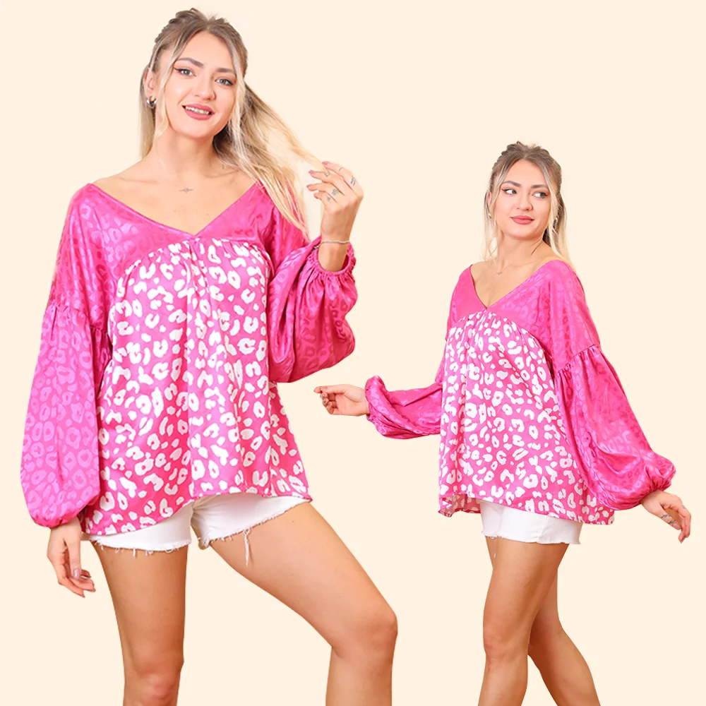 Custom Pink Leopard Summer Satin Puff Sleeve Ladies Elegant Women Blouses V neck Blouses