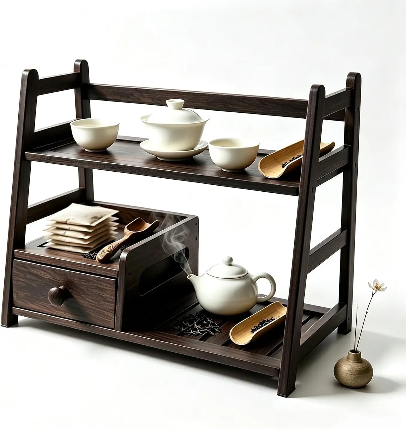 product bamboo tea matcha coffee station with drawer tea rack countertop tea bag display shelf tea station storage rack for kitchen-5