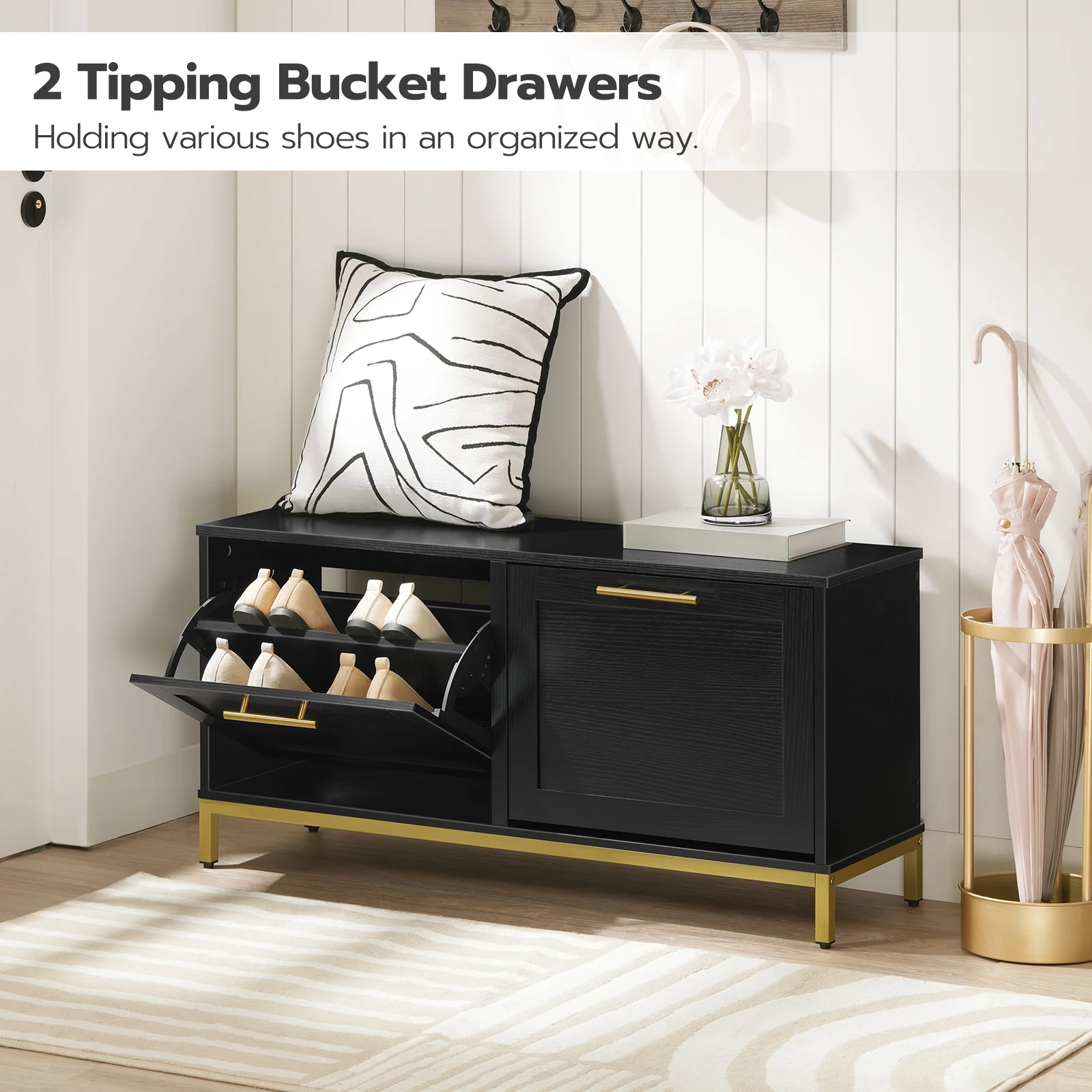 Modern Wooden Seated Shoe Cabinet With Flips 2 Layers Tipping Bucket Shoe Storage Cabinet Bench Shoe Rack With Seat For Entryway