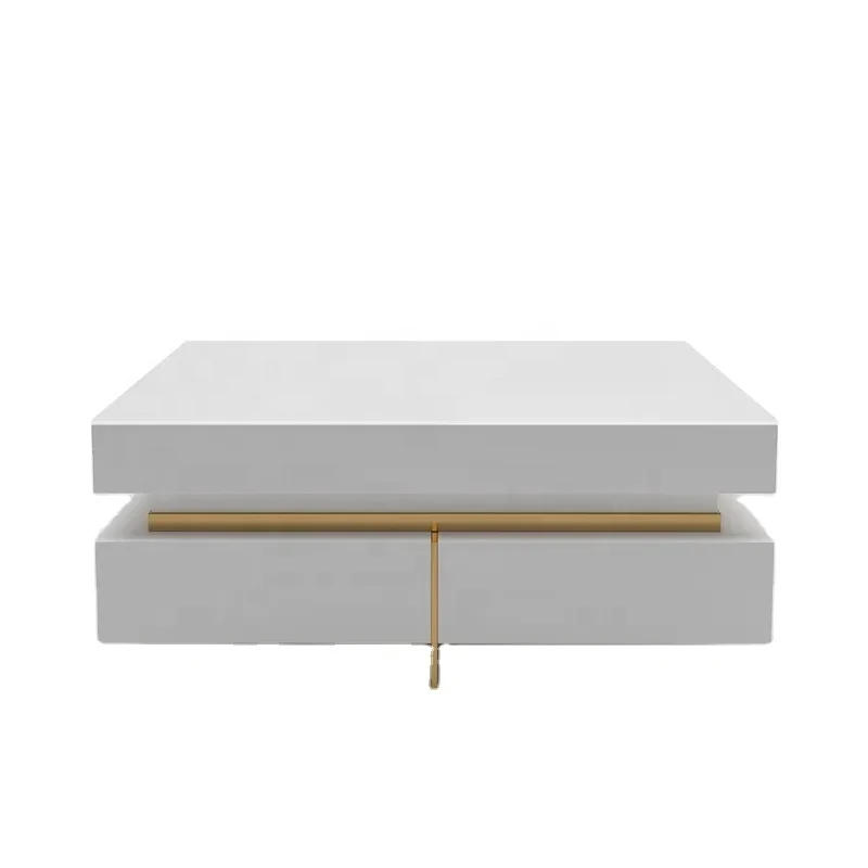 White modern square coffee table with drawers tempered glass top and metal legs with storage space