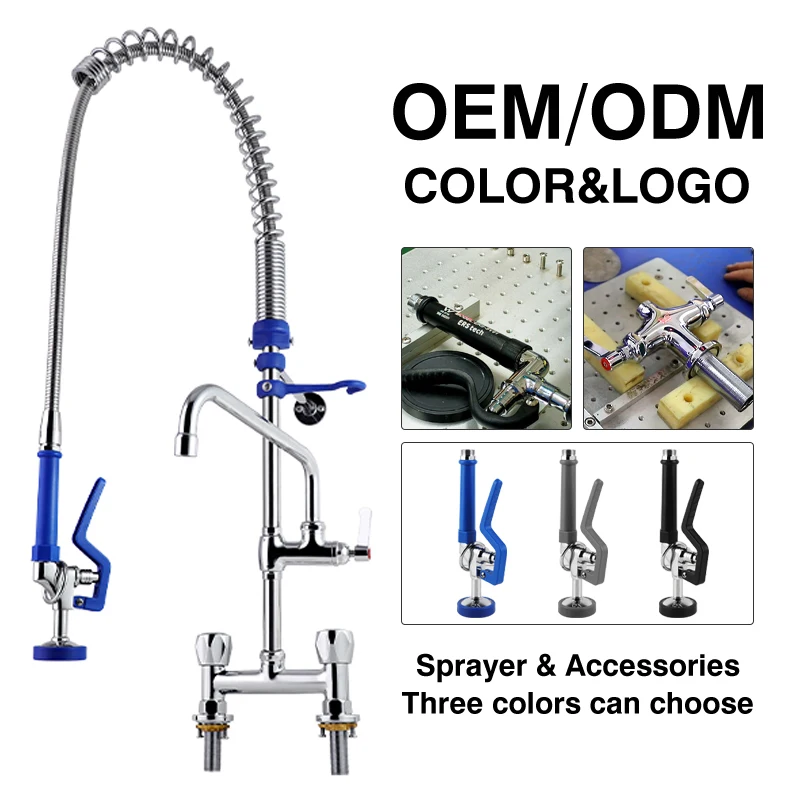 Commercial Faucet Deck Mounted Brass Dual Handle Pull Pre-Rinse for Kitchen Faucet Taps Easy-Install Handwheel Industrial Hotels details