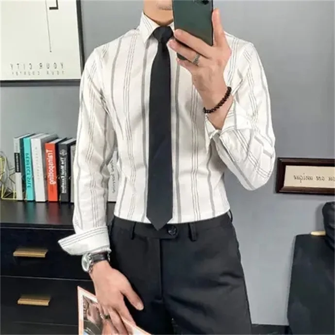 Smooth And Elastic Men's Shirts 2024 High Quality Long-sleeved Turn Down Collar Button Blouse Office Casual Business Fit Tops