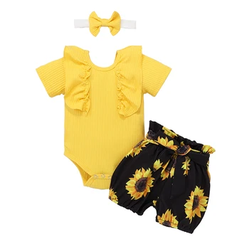 Hot Sale 3 To 6 Month Summer New Born Outfits Infant Baby Girls Clothing Sets Toddler Clothes With Headbands