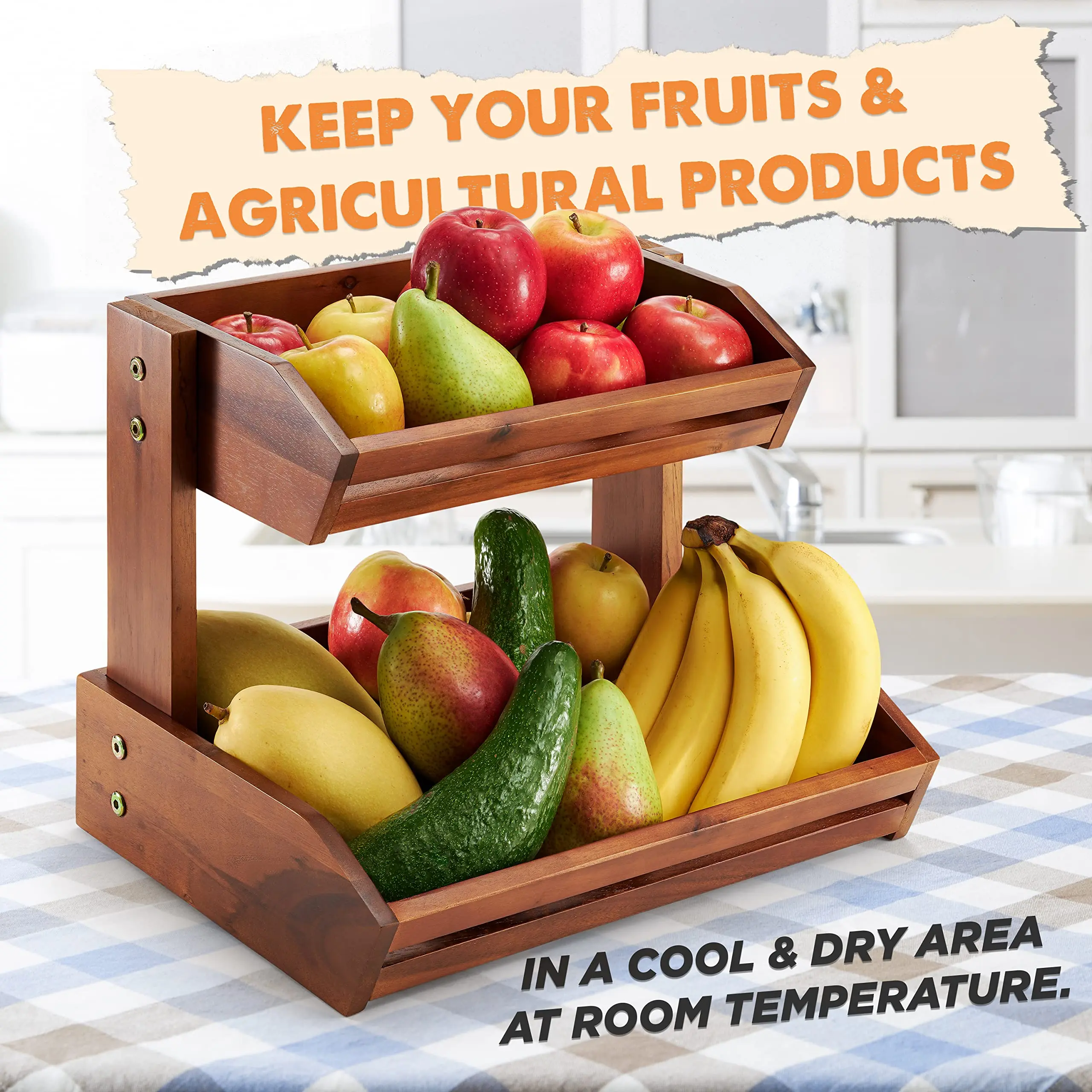 product 2 layer handcrafted wooden fruit vegetable storage rack for kitchen counters for home use eco fruit basket-8